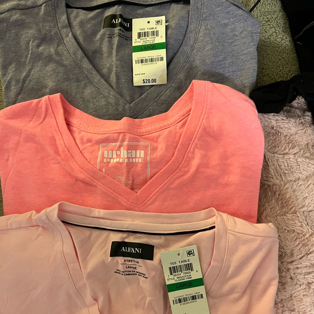 3 v-neck T-shirts from Macy’s size L; light pink, grey, and hot pink